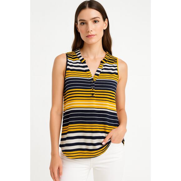 Navy Blue & Yellow Striped Henley Tank Top – Size XL - Picture 1 of 8